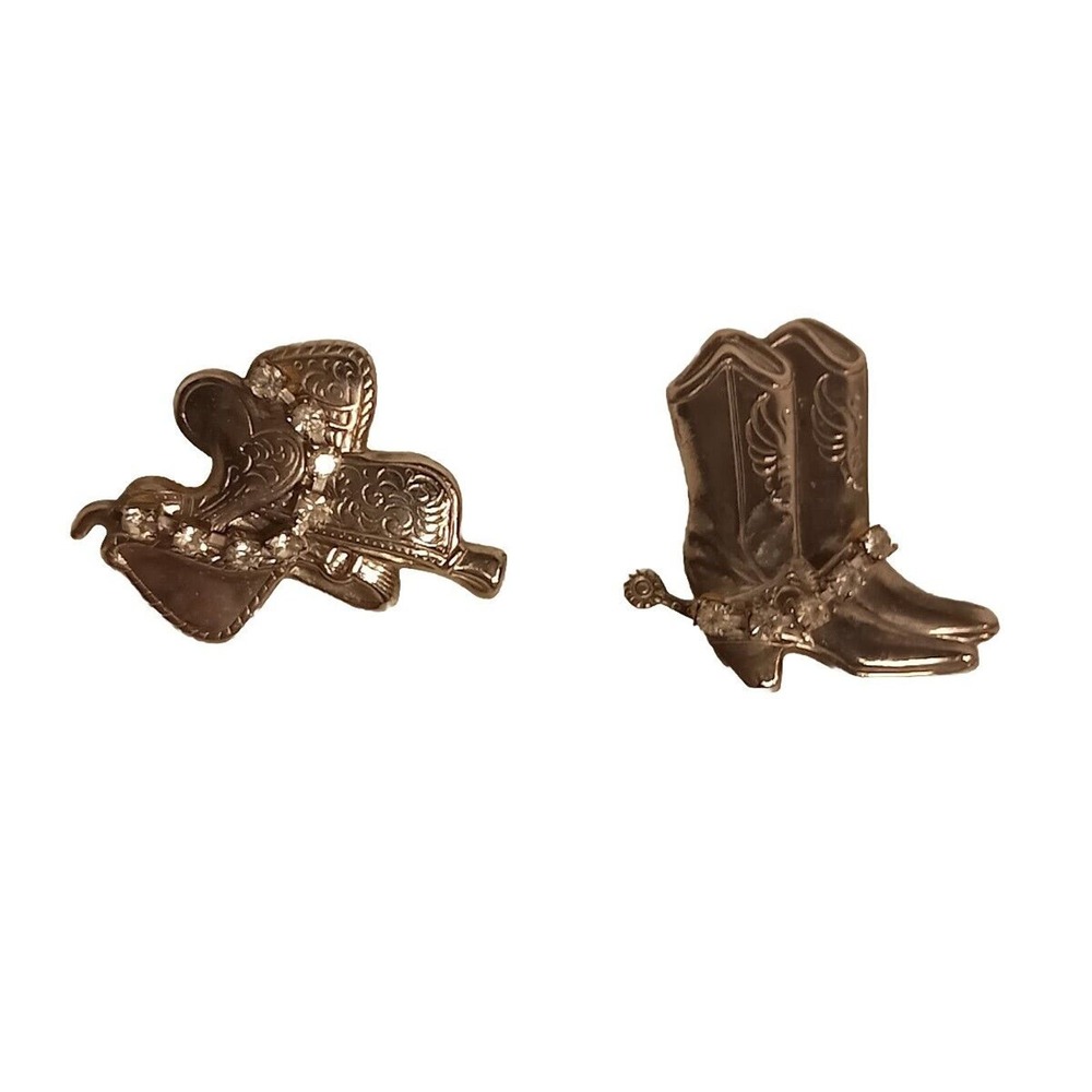 Vtg‎ Cowboy Boots Cowgirl Earrings Saddle Western Rhinestone 90s Pierced